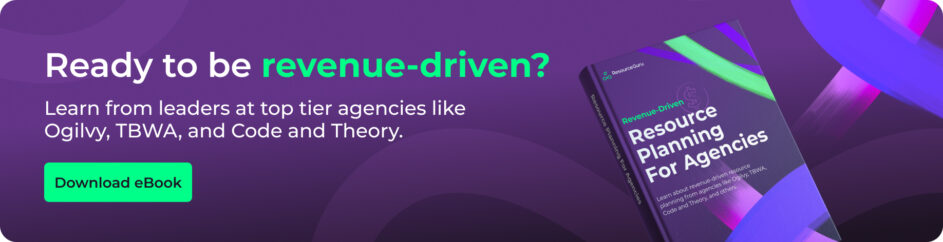 A rectangle shaped banner in purple featuring a 3D book cover with a prompt to download an eBook about resource planning for agencies.