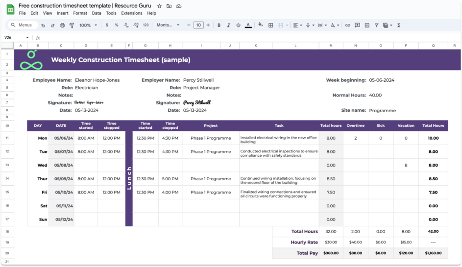 A purple and white weekly construction timesheet template grid in google sheets.