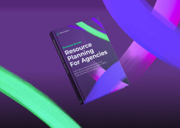 A 3D image of a book titled "Revenue-Driven Resource Planning for Agencies" on a purple background surrounded by colorful brush strokes.