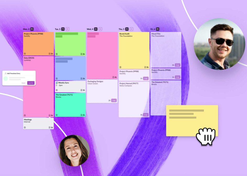 Resource Guru's timesheets on a purple background.
