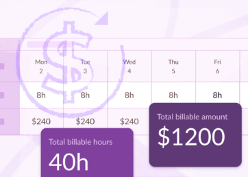 Purple graphic of a billable hours calculator.